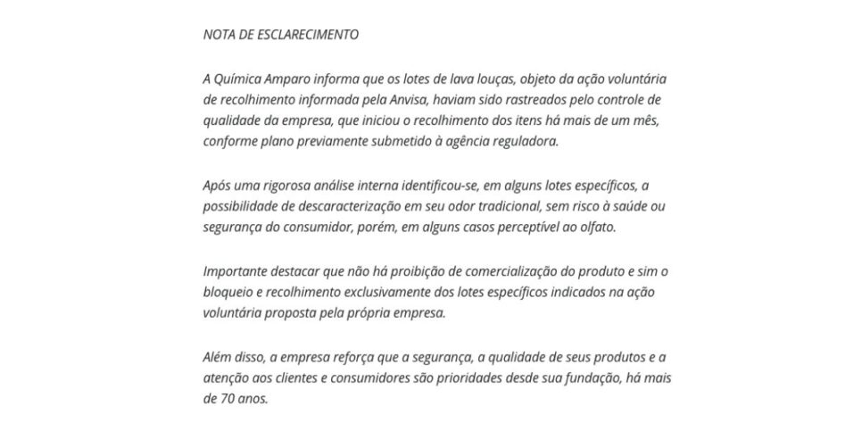 Nota de esclarecimento da marca Química Amparo (Reprodução/G1)