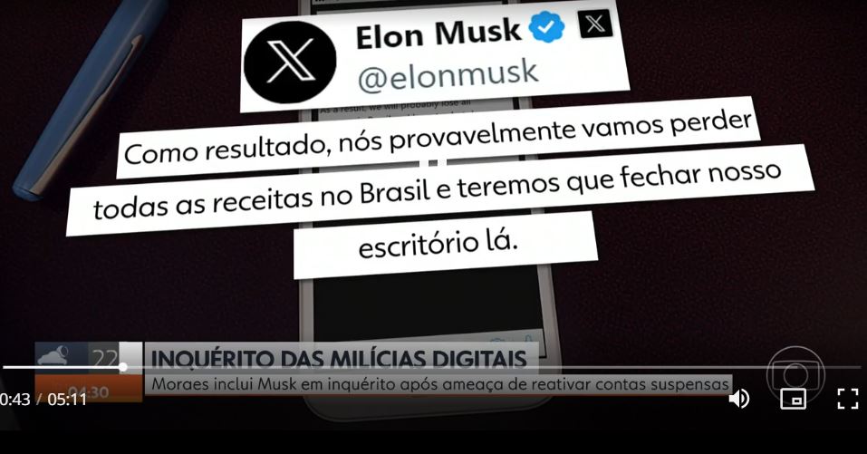 Resposta de Elon Musk na publicação pessoal de Alexandre de Moraes, através do X (Foto Reprodução/Globoplay)