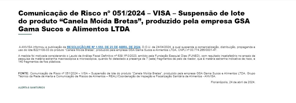 Proibição da ANVISA contra a Canela Bretas (Foto Reprodução/Vigilância Sanitária)