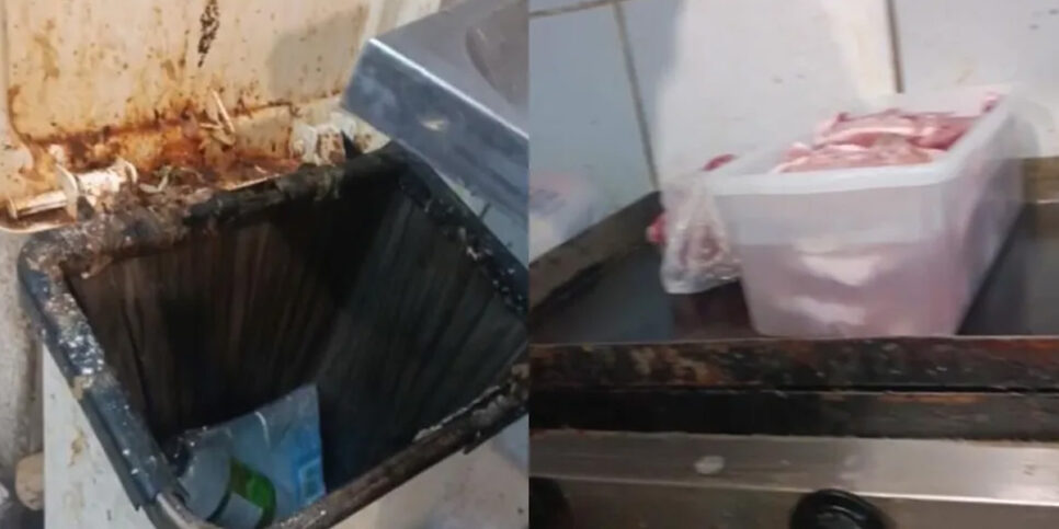 Alimentos foram vistos expostos em meio à sujeira da cozinha do restaurante em Santos (SP) (Foto: Reprodução - G1)