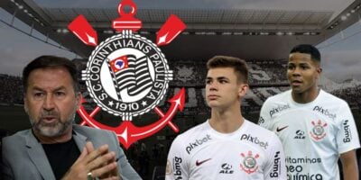 Augusto Melo, Wesley, Moscardo e escudo do Corinthians (Foto - Montagem TV Foco).