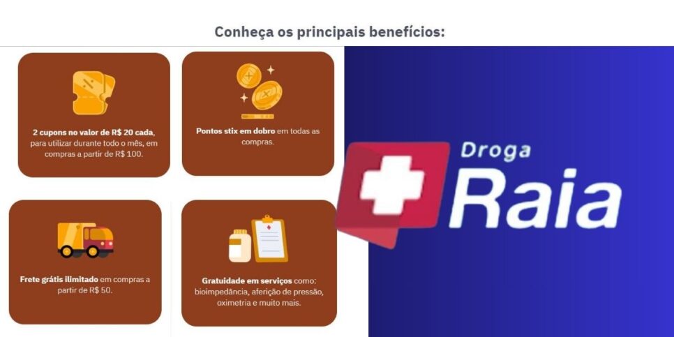 Benefícios ofertados pelo Clube Raia, da Droga Raia (Foto Reprodução/Montagem/Lennita/Tv Foco/Droga Raia)