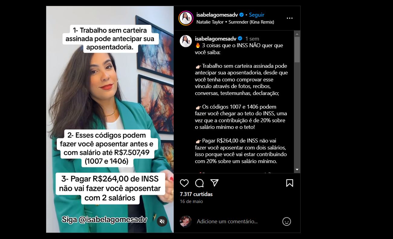 Perfil da advogada Isabela Gomes expôs 3 segredos que o INSS não quer que ninguém saiba (Foto Reprodução/Instagram)