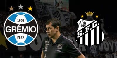 Carille e escudos do Santos e Grêmio (Foto - Montagem TV Foco).