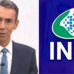 César Tralli no Jornal Hoje e logo do INSS (Fotos: Reproduções / Globo / Internet)