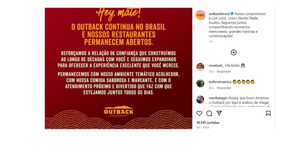 Comunicado Outback (Foto: Reprodução / Instagram)