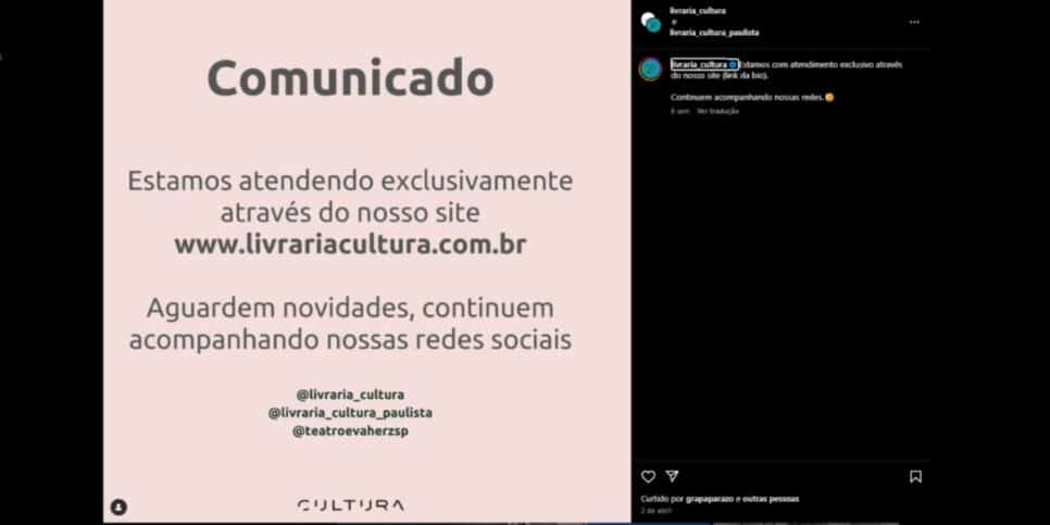 Comunicado da Livraria Cultura postado em sua rede social (Foto: Reprodução/ Instagram)