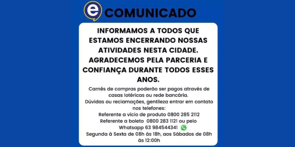 Comunicado de encerramento de unidade da Eletrosom (Foto Reprodução/ SECCG)