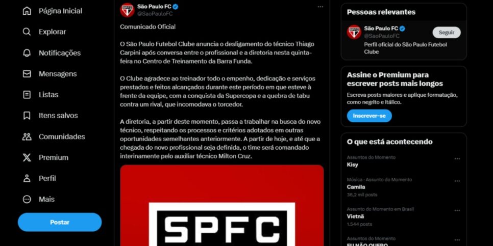 Comunicado oficial do São Paulo feito no dia 18 de abril (Foto: Reprodução/ X)