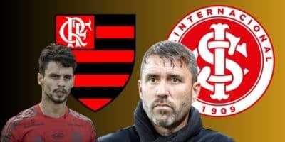 Coudet, Rodrigo Caio e escudos do Flamengo e Internacional (Foto - Montagem TV Foco).