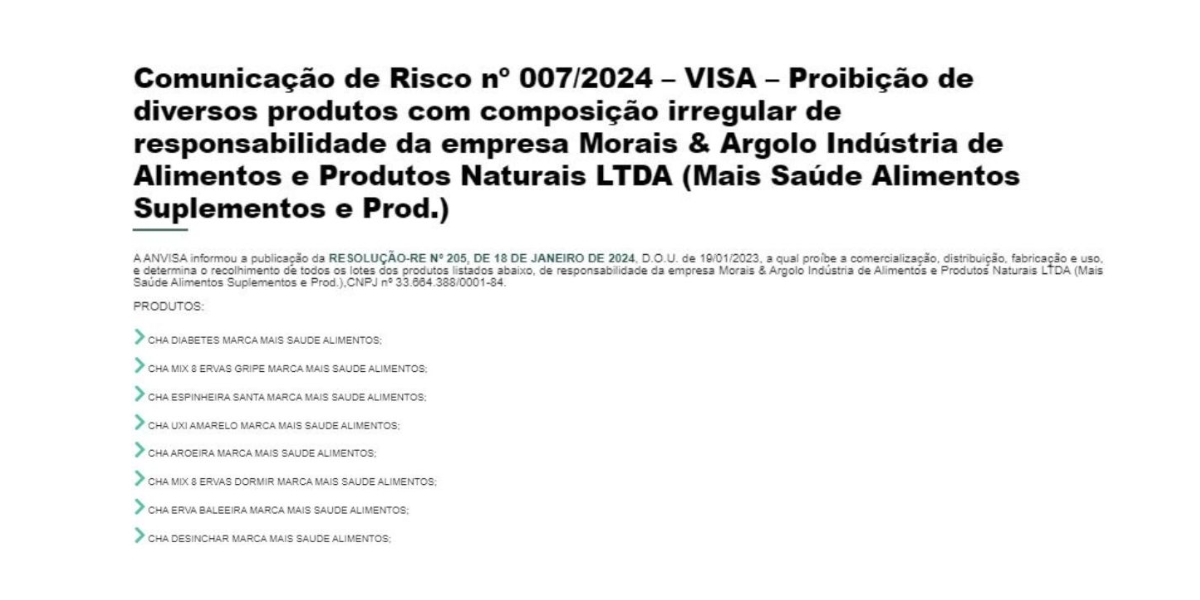 Decreto Anvisa de produtos Mais Saúde Alimentos e suplementos (Foto Reprodução/VISA)