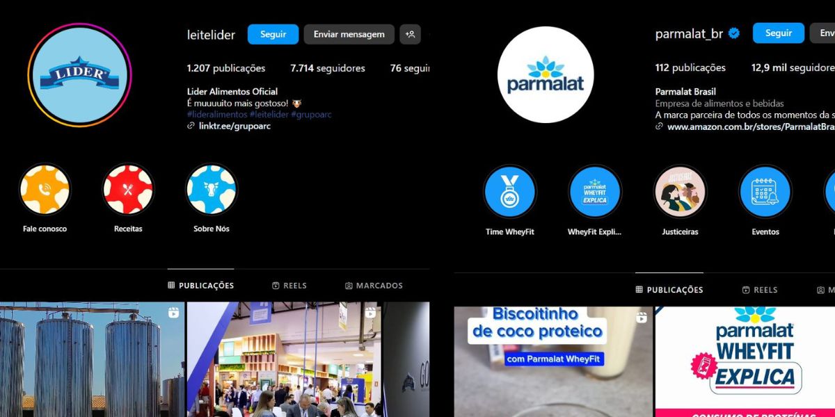 Redes sociais da marca Líder e Parmalat (Foto Reprodução/Montagem/Instagram)