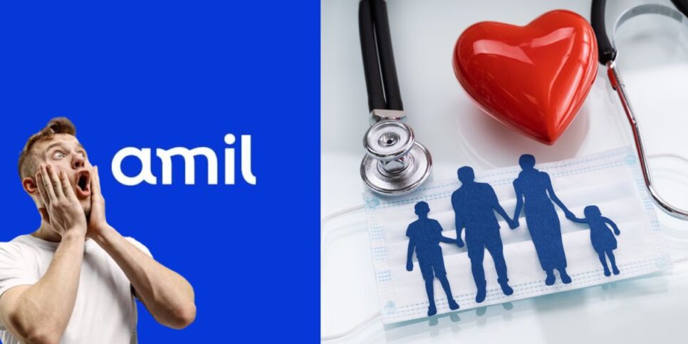 Logo da Amil, ilustração plano de saúde e homem chocado (Fotos: Reproduções / Internet / Canva / Freepik)