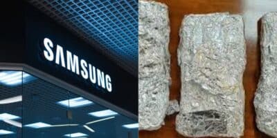 Logo da Samsung / Celular enrolado no papel amunínio - Montagem: TVFOCO