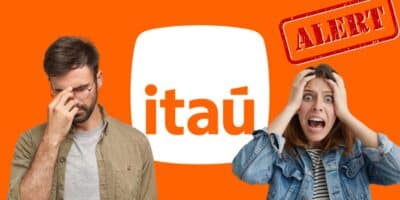 Logo do Itaú, imagem de alerta, homem triste e mulher assustada (Fotos: Reproduções / Freepik / Internet / Canva)