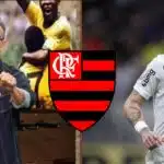 Neto, Róger Guedes e escudo do Flamengo (Foto - Montagem TV Foco).