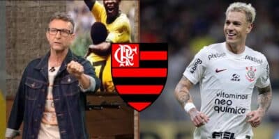 Neto, Róger Guedes e escudo do Flamengo (Foto - Montagem TV Foco).