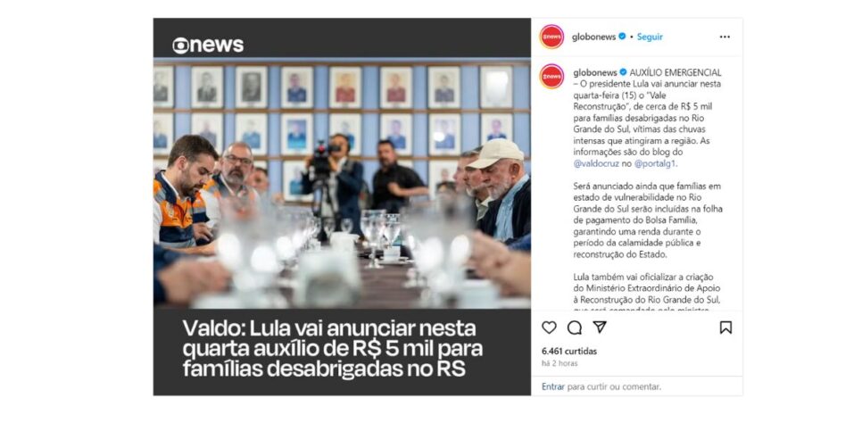 Notícia GloNews sobre novo auxílio (Foto: Reprodução / Instagram)