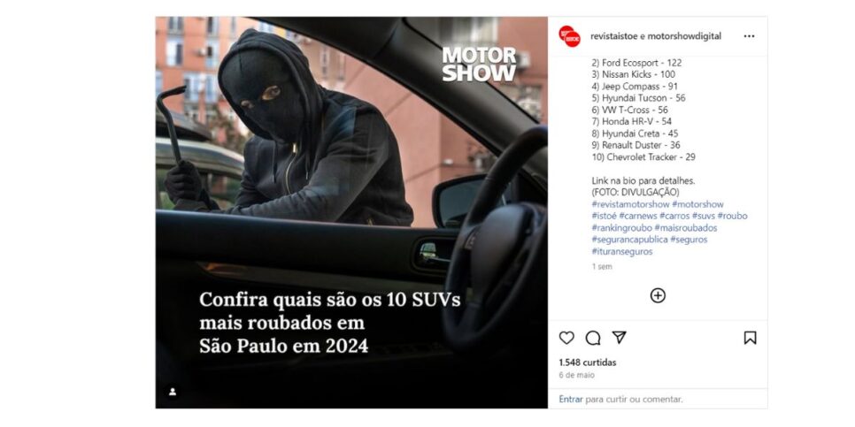 Notícia sobre SUVs mais roubados em 2024 (Foto: Reprodução / Instagram) 