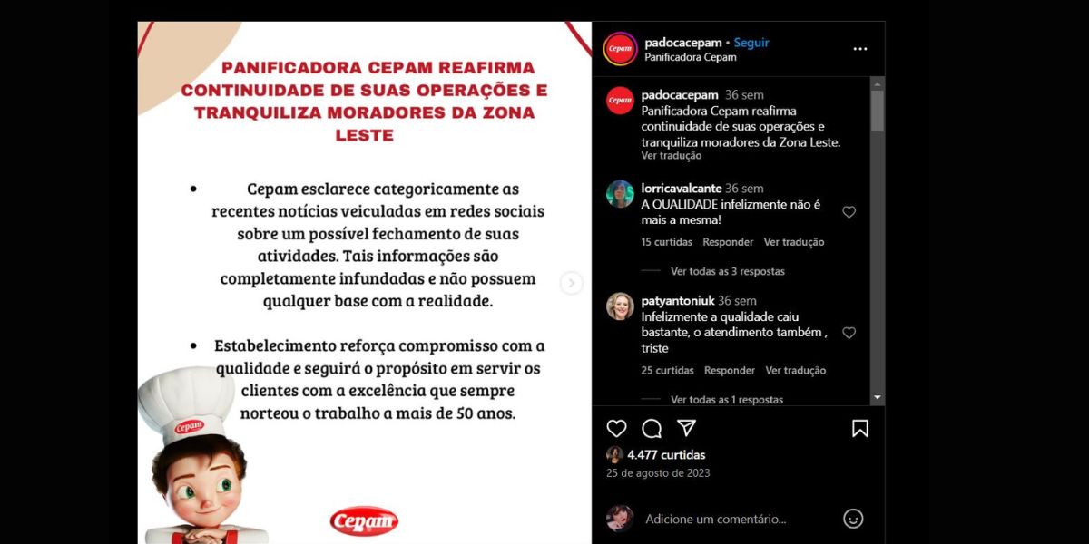 Anúncio da Cepam sobre o seu funcionamento (Foto Reprodução/Instagram)