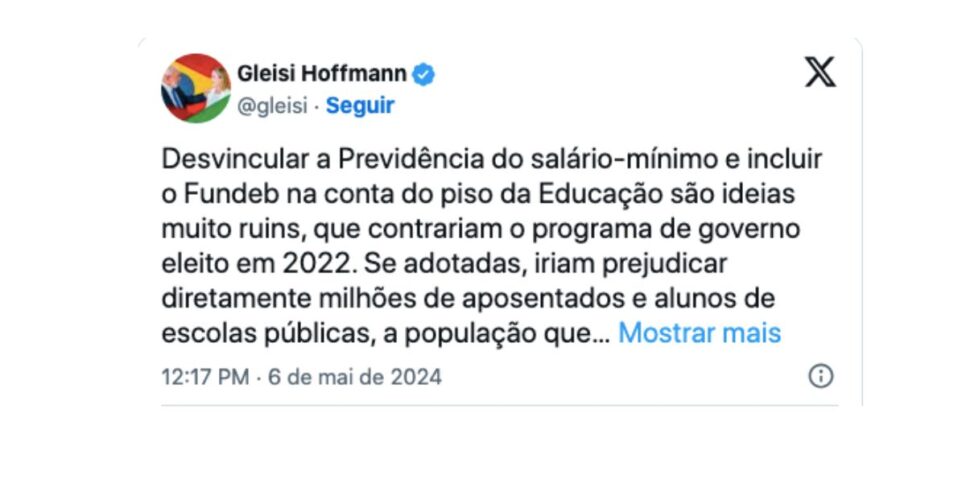 Publicação de Gleisi Hoffmann (Foto: Reprodução / X)