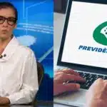 Renata Vasconcellos no Jornal Nacional e pessoa utilizando portal do INSS (Fotos: Reproduções / Globo / Internet)