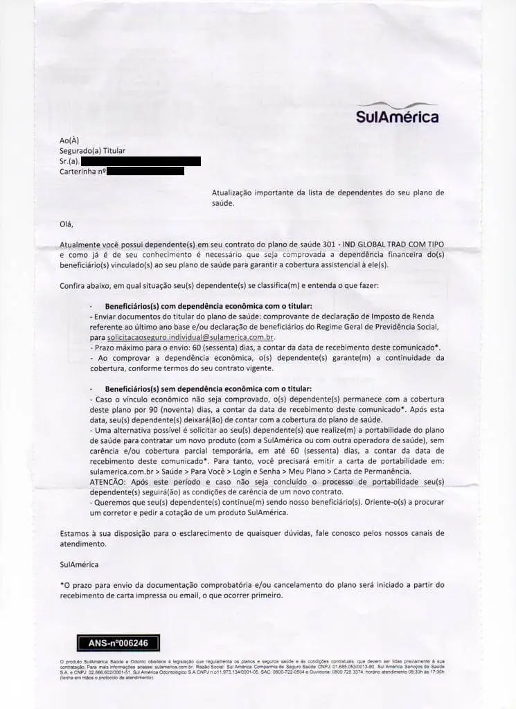 Comunicado da  SulAmérica enviado aos beneficiários (Foto: Reprodução / Elton Fernandes Advogados)
