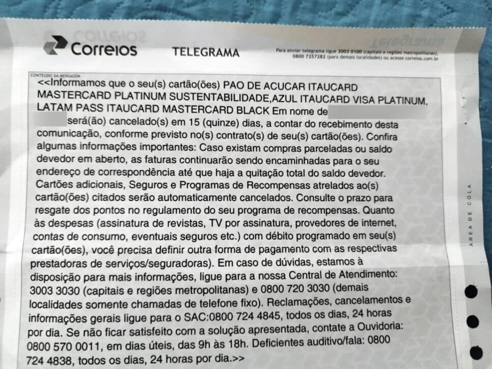 Telegrama enviado pelo Itaú - Foto: Internet