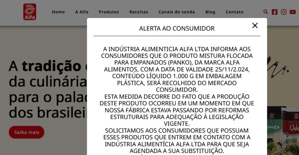 Alfa Alimentos emitiu um comunicado oficial (Foto: Reprodução / Site da Marca)