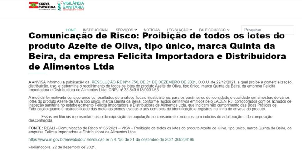 Alerta da Anvisa sobre o Azeite de Oliva da marca Quinta da Beira (Reprodução: Internet)