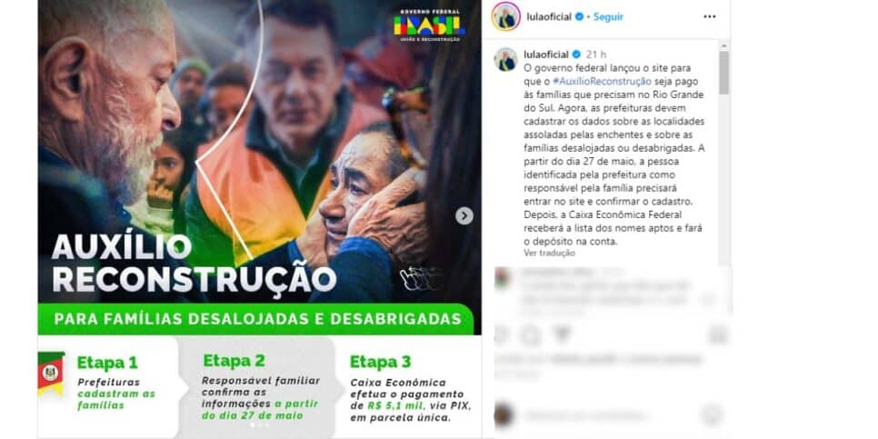 Anúncio de Lula sobre o novo benefício aos moradores do RS (Reprodução: Instagram)