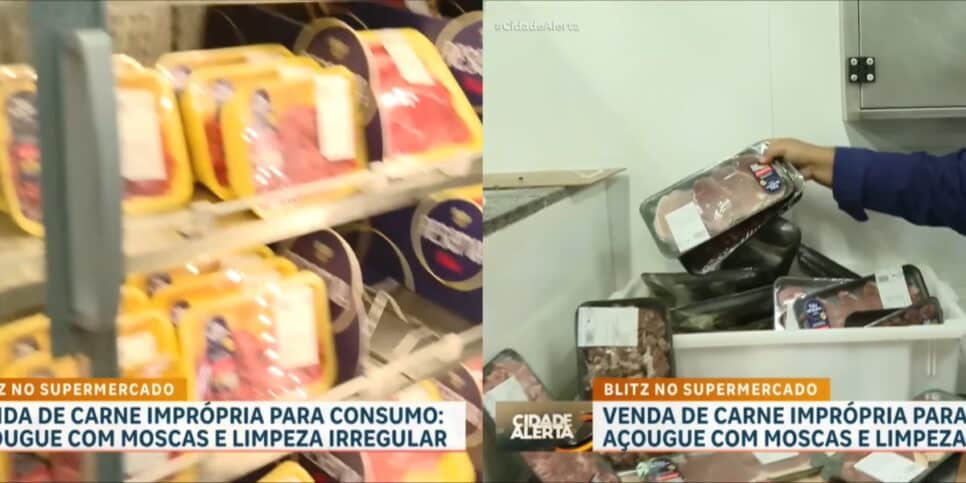 Carnes mostradas no supermercado rival do Carrefour - Foto: Record