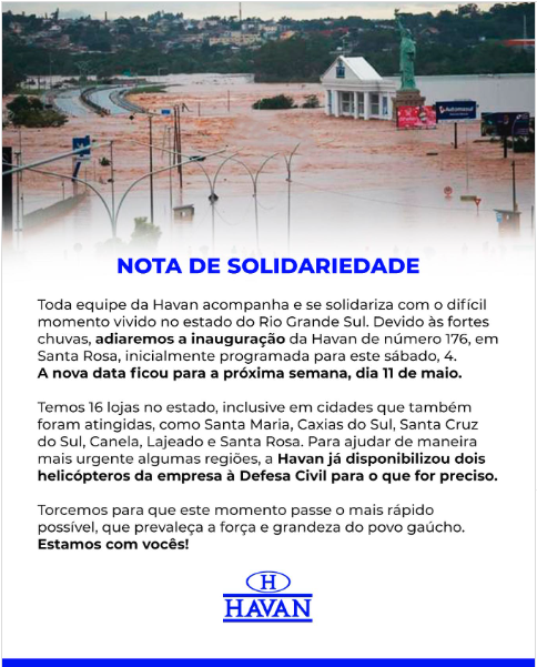 Nota de solidariedade da Havan nas redes sociais - Foto: Instagram