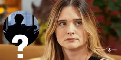 Homem misterioso e Electra (Juliana Paiva) em Família é Tudo (Foto: Reprodução / Globo / Montagem TV Foco)