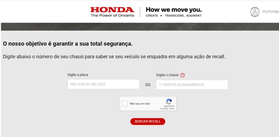 Dá para consultar a placa do seu carro para saber se ele está convocado ao recall (Reprodução: Honda)