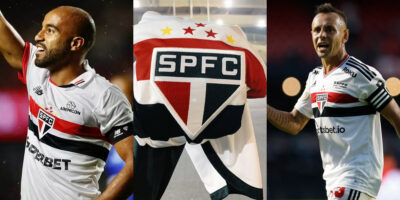 Lucas, Rafinha e escudo do São Paulo (Foto: Divulgação)