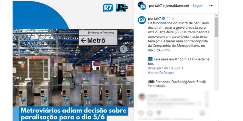 Metroviários decidirão sobre a greve no dia 5 de junho (Reprodução: Instagram)