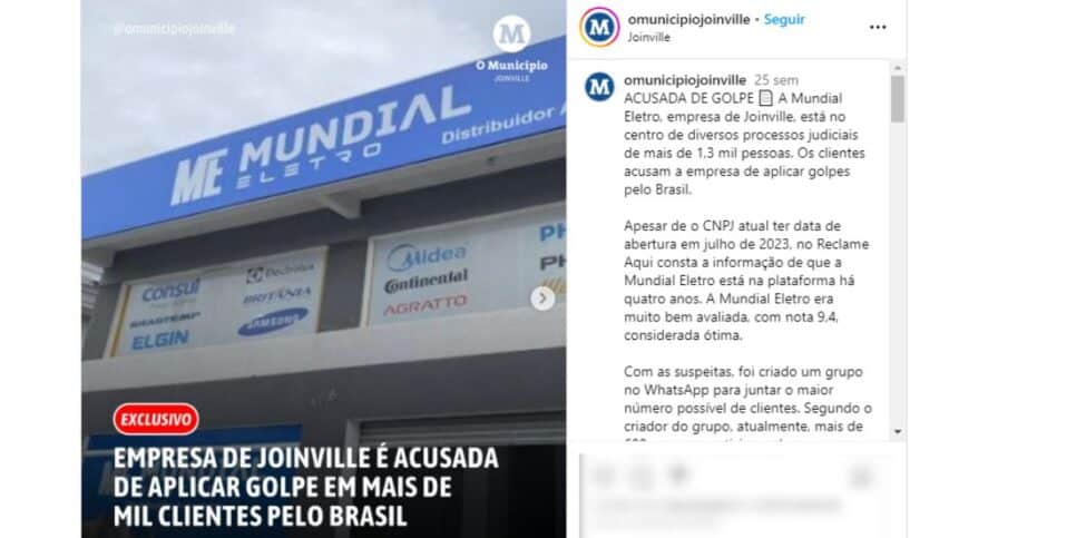 A página oficial do município de Joinville comentou sobre o calote (Reprodução: Instagram)