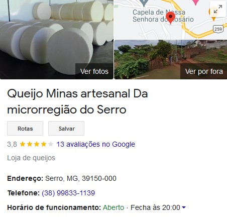 Queijo Minas Artesanal, marca Do Serro egue sendo produzido (Foto: Reprodução / Google Maps)