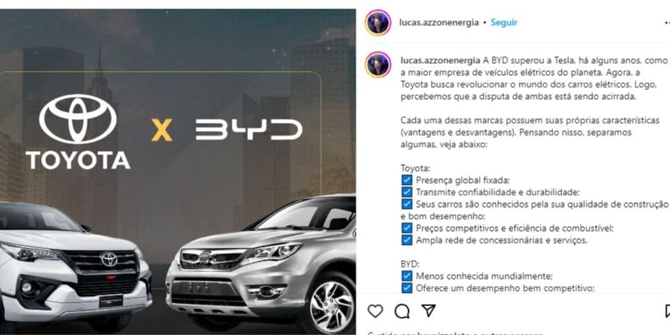 Toyota chega para bater de frente com a BYD (Reprodução: Instagram)