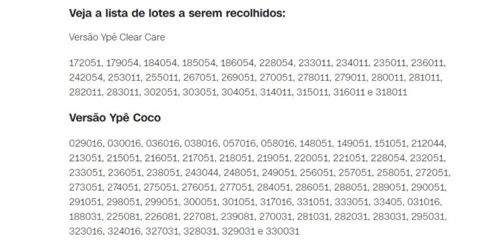 Lista de lotes afetados (Reprodução: Internet)