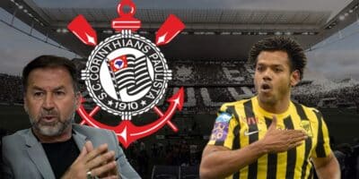 Augusto Melo, Romarinho e escudo do Corinthians (Foto - Montagem TV Foco).