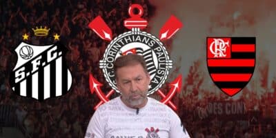 Augusto Melo e escudos de Flamengo, Corinthians e Santos (Foto - Montagem TV Foco).