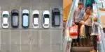 Carros parados em estacionamento e família em shopping (Fotos: Reproduções / Canva) 