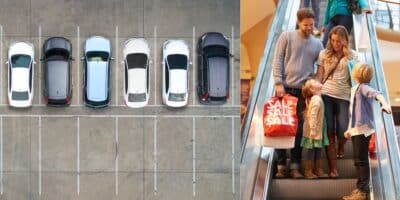 Carros parados em estacionamento e família em shopping (Fotos: Reproduções / Canva)