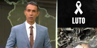 César Tralli no Jornal Hoje, imagem de luto e destroços de avião (Fotos: Reproduções / Globo / Canva)