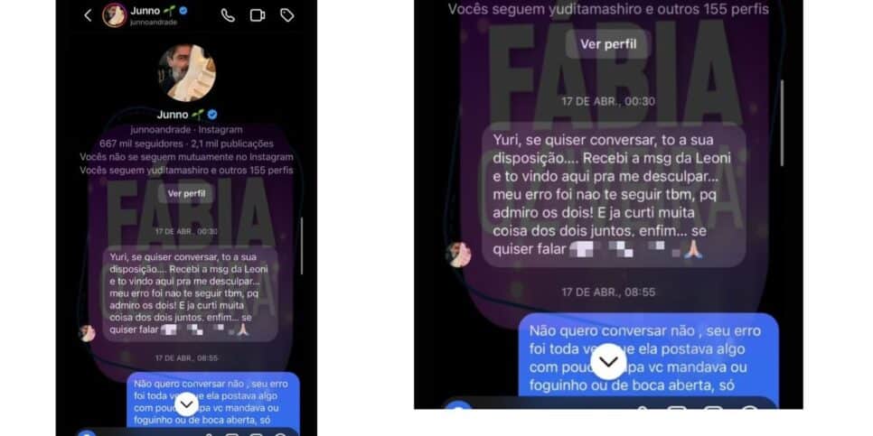 Conversa entre Junno Andrade e Yuri (Foto: Reprodução / Fábia Oliveira)