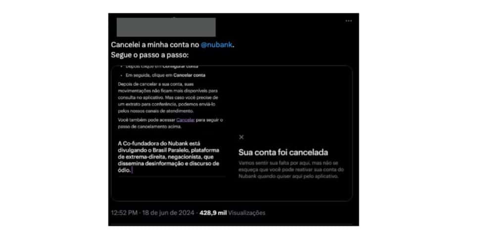 Postagem sobre cancelamento do Nubank (Foto: Reprodução X)