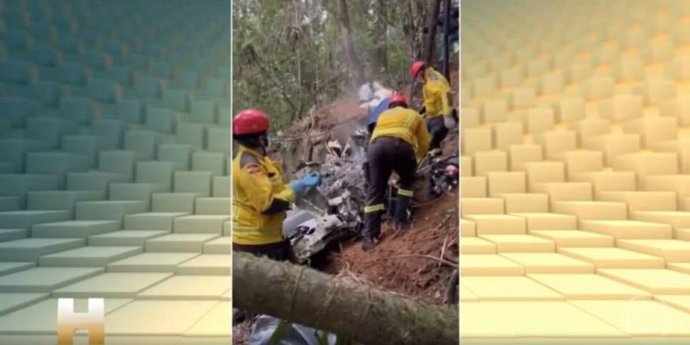 Destroços de avião e equipe de resgate (Foto: Reprodução / Globo)