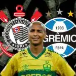 Deyverson, escudos Grêmio e Corinthians (Foto - Montagem TV Foco).